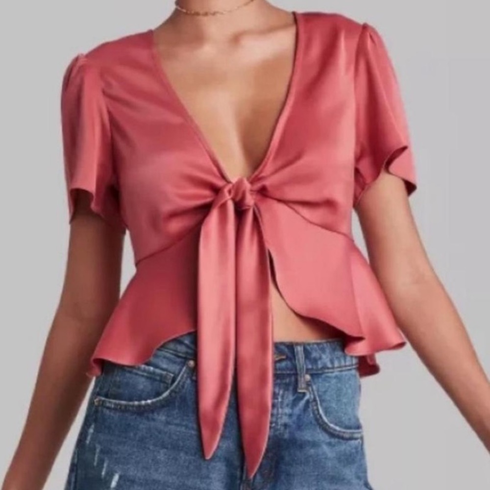 Wild Fable Pink Satin Front Tie Crop Top
